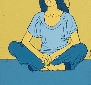 Niebiesko żółty obraz z siedzącą kobietą